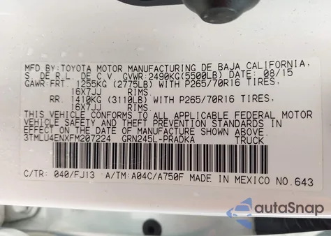 2015 Toyota Tacoma Base V6 z USA, uszkodzony, nr VIN 3TMLU4ENXFM207224